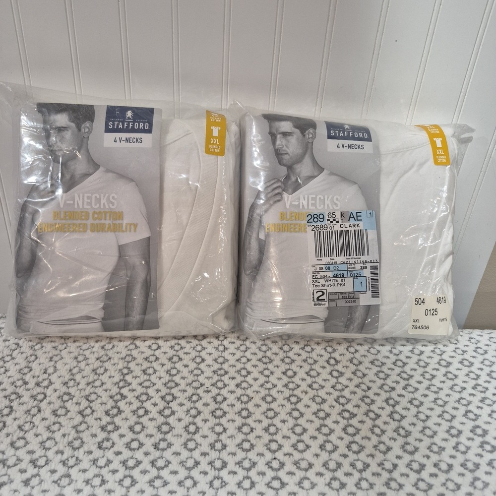 2 Stafford V Neck T Shirts 4 Pack XXL NIP Blended Cotton Super Soft White NEW